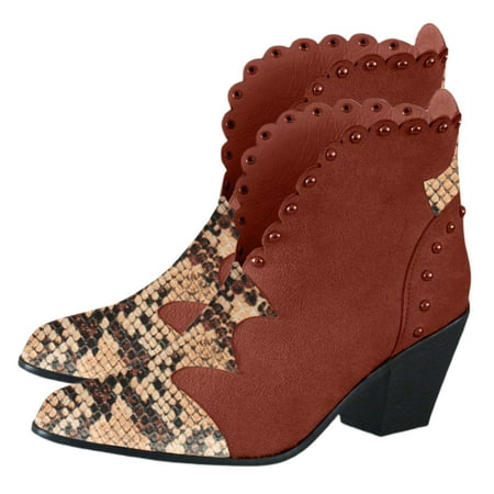 

Ladies Short-tube Boots Autumn & Winter Boots Shoes Chunkys Heeled Pointed Head Snake-print Fashion Short Shoes 36 Light Brown