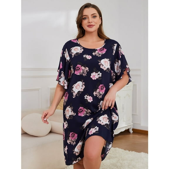 ebukurty Plus Size Nightgown for Women Floral Print Flared Sleeve Pajamas, Navy,Sizes 1XL-4XL