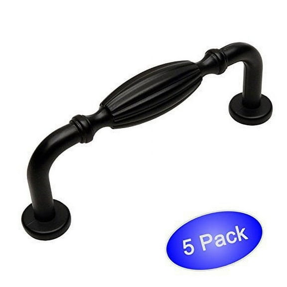Cosmas 7119FB Flat Black Country Style Cabinet Hardware Ribbed Handle Pull - 3" Inch (76mm) Hole Centers - 5 Pack