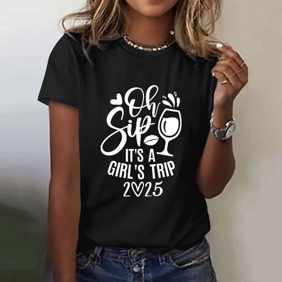 Tittly T Shirts for Women Spring Tops for Women Girl's Trip 2025 T Shirt Women's Fashion Round Neck Casual Short Sleeves Graphic Tees Tshirts Shirts Black L