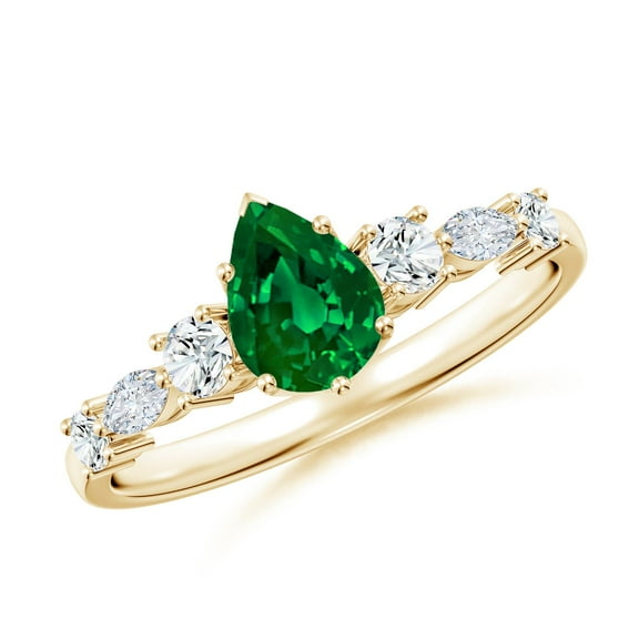 ANGARA Lab Grown Classic Pear Emerald Side Stone Engagement Ring for Women in 14K Yellow Gold (Size-7x5mm) | May Birthstone Jewelry for Her | Lab-Grown Emerald Engagement Ring