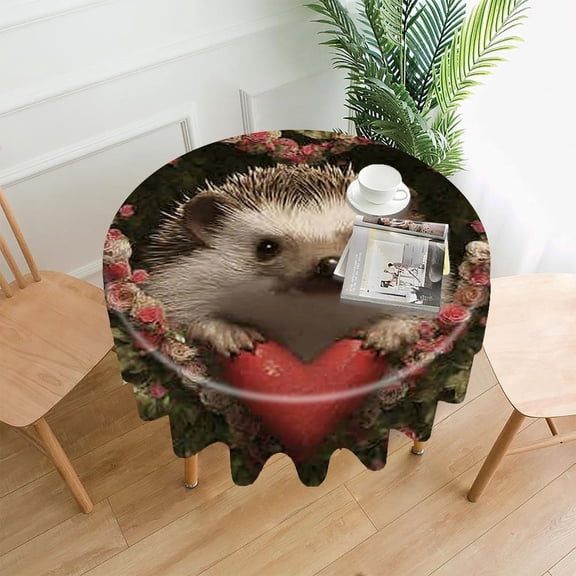 RKSupls 60 Inch Round Tablecloth, Hedgehog Heart Roses Premium Polyester Straight Edge Wrinkle Resistant Washable Table Cover for Party Home Dining Decor