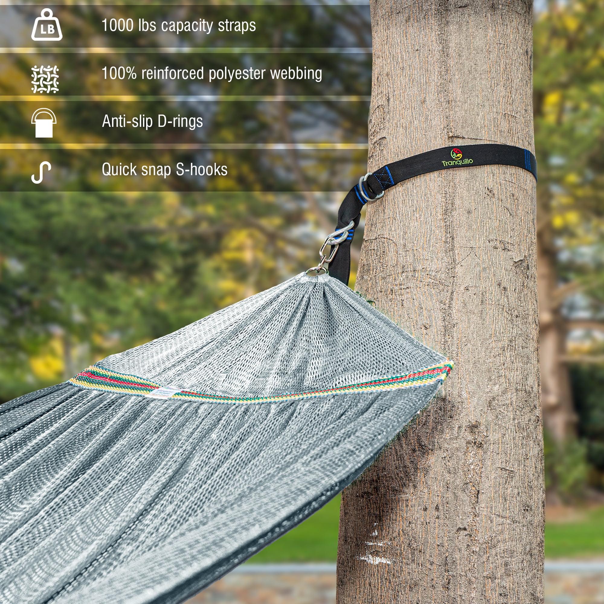 Tranquillo Double Hammock 2 Persons Polyester Hammock 550lbs with Hammock Tree Straps, Grey
