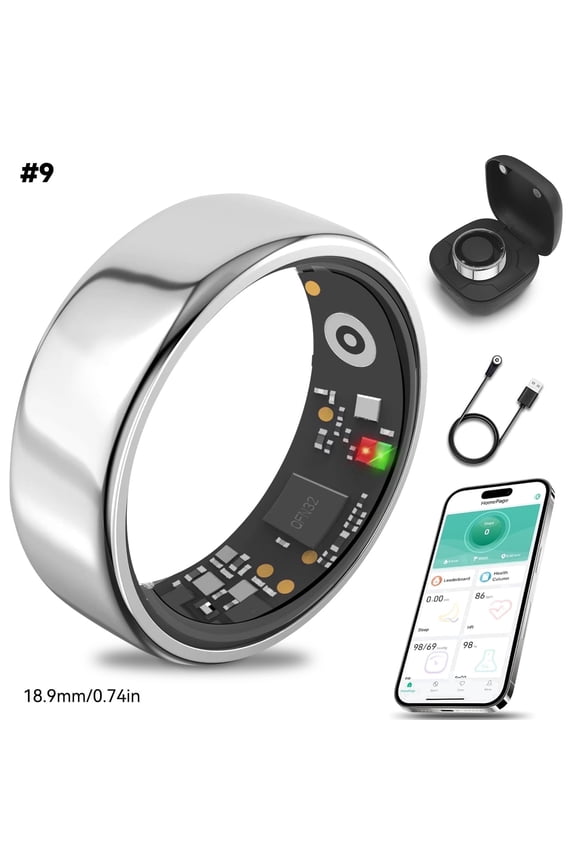Health & Fitness Tracking Ring | Sleep Monitor | 5-Day Battery & IP68 Waterproof | Silver, Size 9