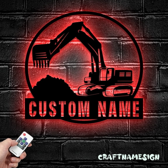 Craftnamesign Custom Excavator Driver Metal Wall Art LED Light, Personalized Excavator Name Sign