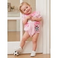 thumbnail image 3 of BemeyourBBs Newborn Baby Girls Summer Clothes Infant Baby Girl Football Outfit Striped Bubble Romper Football Sister Scoccer Letter Embroidery Side Bow Short Sleeve Bodysuit Jumpsuit Playsuit, 3 of 9