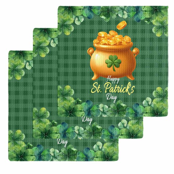 St Patricks Day Kitchen Dish Towels for Drying Dishes Set of 3, Gold Coin Green Shamrock Spring Watercolor Plaid Waffle Weave Microfiber Hand Tea Bathroom Towels Quick Dry & Absorbent Towel 12x12