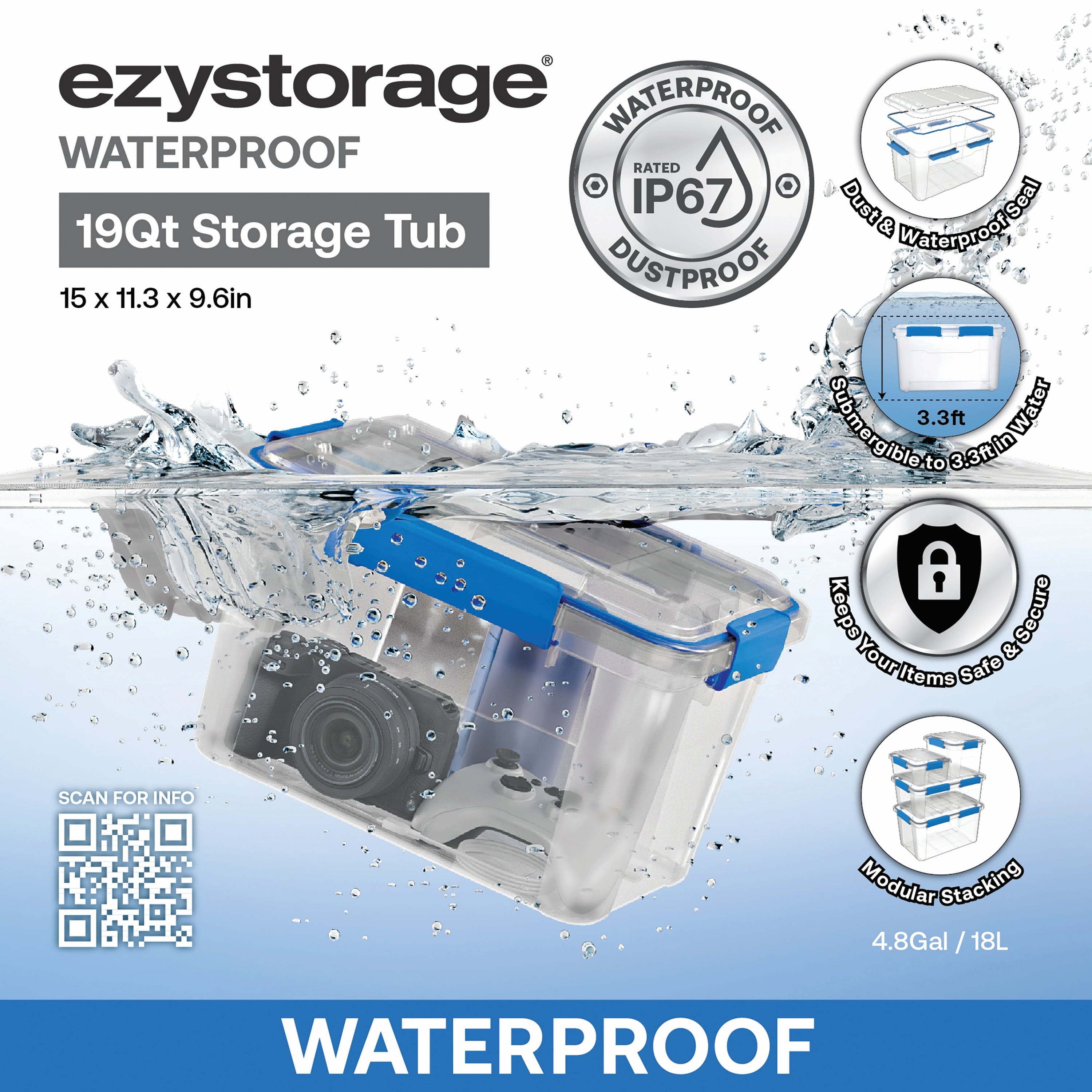 6 PACK - EZY STORAGE WATERPROOF 4.7Gal/19Qt/18L STORAGE BOX IP67