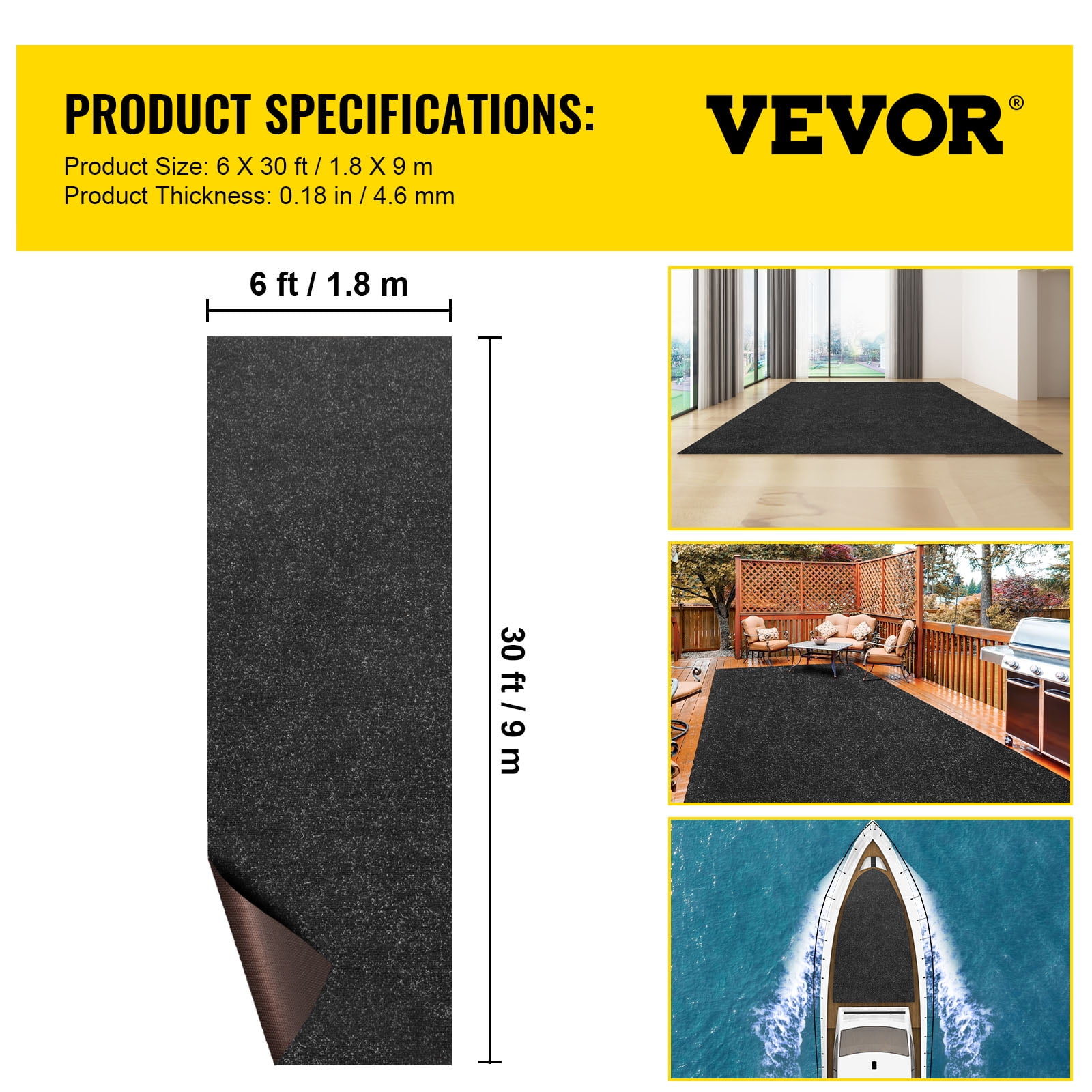 VEVORbrand Boat Carpet 6x30' Indoor Outdoor Marine Carpet Rug - Size  Optional - 32 oz. waterproof patio Anti-slide rug, Charcoal Black 