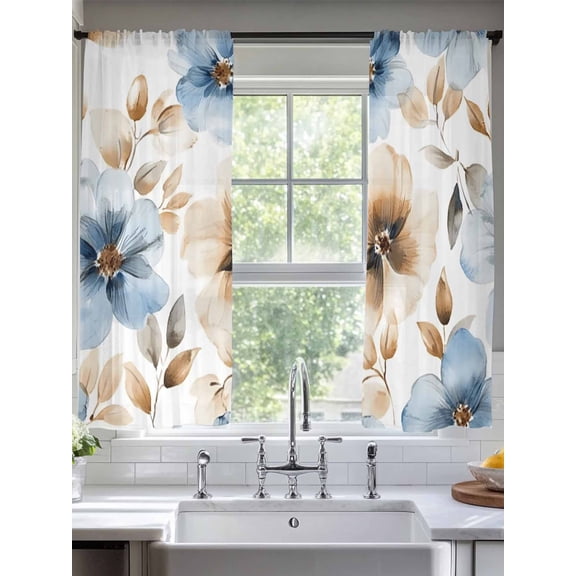 Spring Watercolor Sheer Curtains 72 Inches Long 2 Panels Brown Blue Flower Garden Scenery Light Filtering Semi Sheer Window Curtains Drapes for Bedroom Living Room 52"x72"