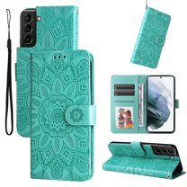 for Samsung Galaxy S21 Plus Case,Premium PU Leather Wallet Case Sunflower Embossed with Wrist Strap Card Slots and Kickstand Flip Cover for Samsung Galaxy S21 Plus 6.7 inch,Green