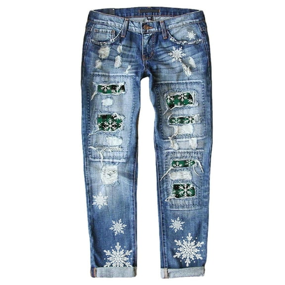 Outfmvch Jeans For Women High Waisted Jeans For Women Christmas Tree Print Patchwork Stretch Ripped Pants Hole Jeans Pants Distressed Washed Patch Denim Pants Trousers Fleece Lined Leggings Green L