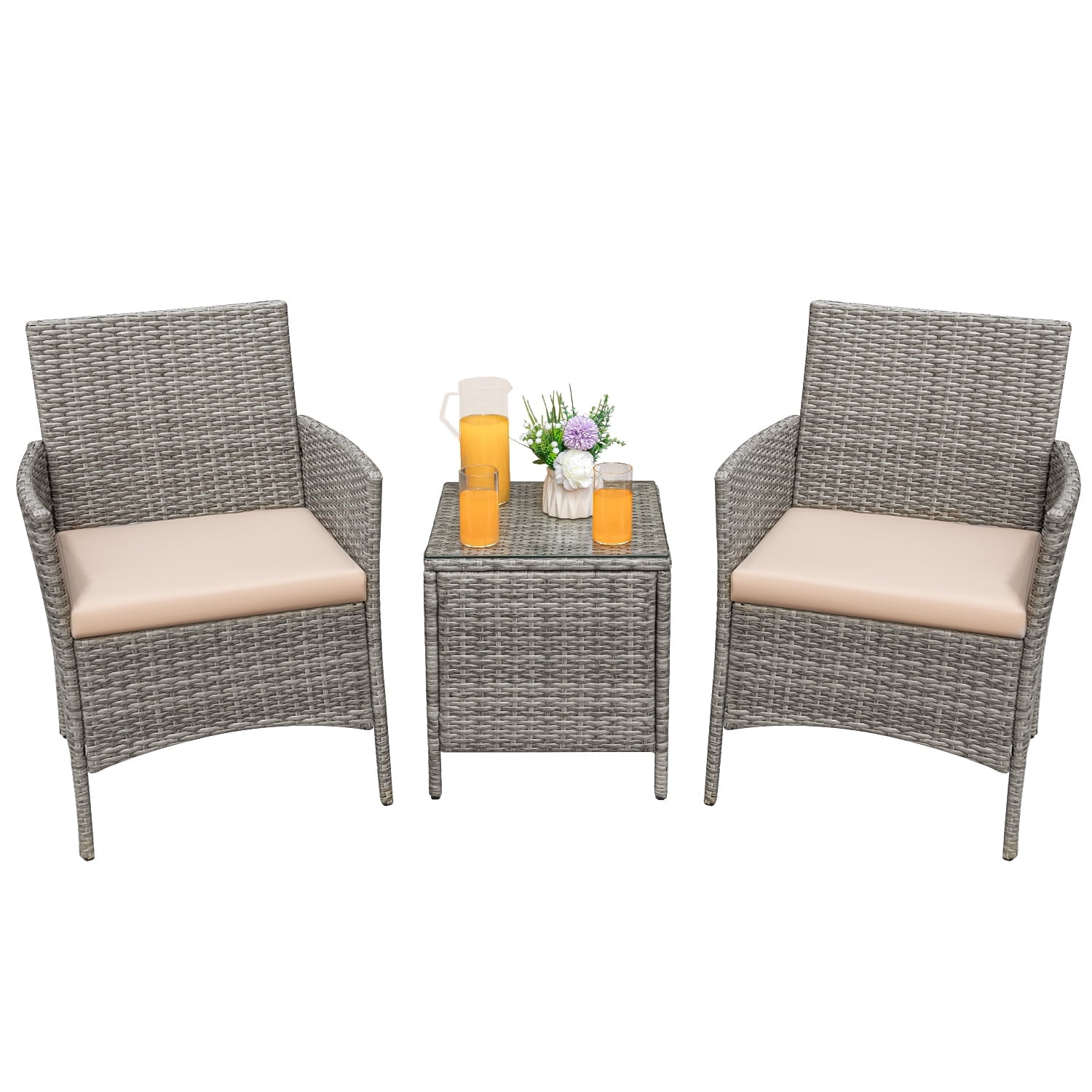 Devoko 3 Pieces Patio Furniture Set Outdoor Conversation Set Wicker Bistro Chairs Set of 2 with Coffee Table for Porch Backyard Balcony,, Gray/Beige