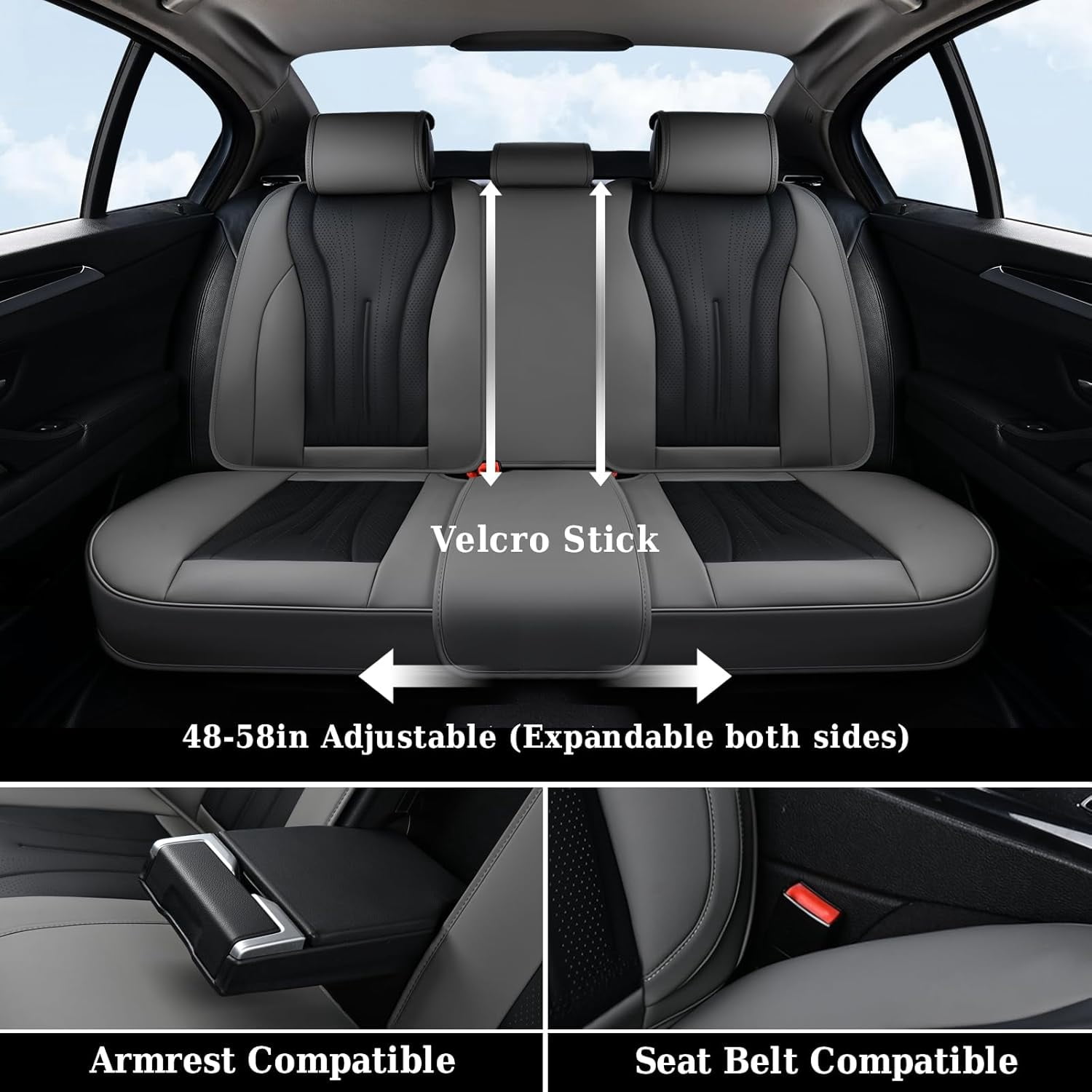 Coverado Full Set Car Seat Covers, Waterproof Faux Leather Front and Rear Seat Protector, Breathable Seat Cushions Universal Fit for Most Cars, Black&Gray