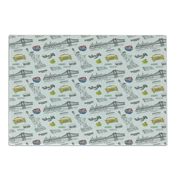 USA Cutting Board, Liberty New York City Hotdog Manhattan Bridge American Illustration, Decorative Tempered Glass Cutting and Serving Board, Small Size, Yellow Grey White, by Ambesonne