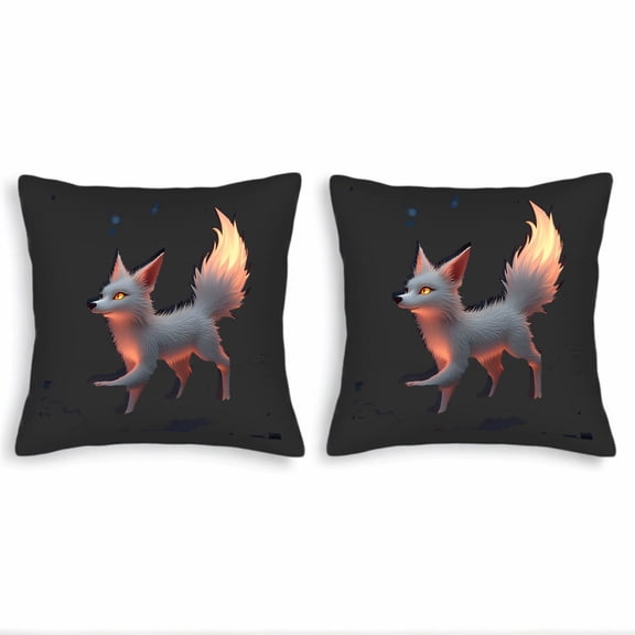 Set of 2 Square Throw Pillow Covers 18x18in - Stylish Gray Fox Design with Glowing Orange Tail Perfect for Couch Bed or Car