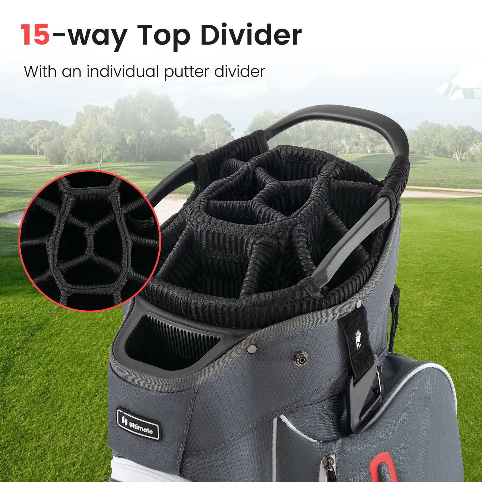 Topbuy 15-Way Golf Cart Bag Golf Club Bag with 15 Ways Organizer Divider Top 7 Zippered Pockets Cooler Bag Umbrella Holder Rain Hood Grey + Red