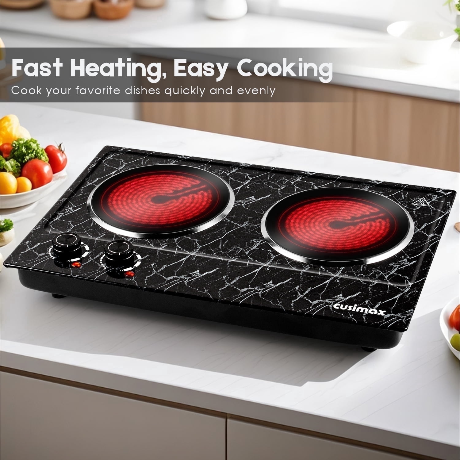 CUSIMAX 1800W Portable Ceramic Double Hot Plate – Dual Infrared Cooktop with Independent Controls, Stainless Steel & Glass Electric Burner for Countertop Cooking