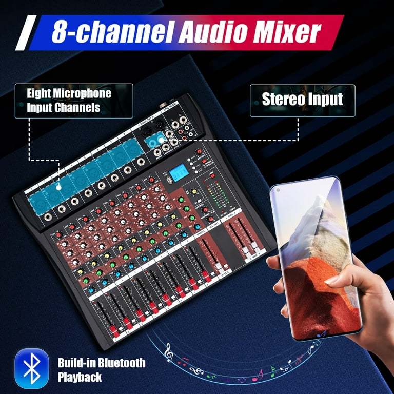  8 Channel Audio Mixer, Bluetooth Studio Mixer Audio DJ Sound  Board Controller with USB, Sound Mixer Console Mixing Board for  Professional and Beginners (8 Channel) : Musical Instruments