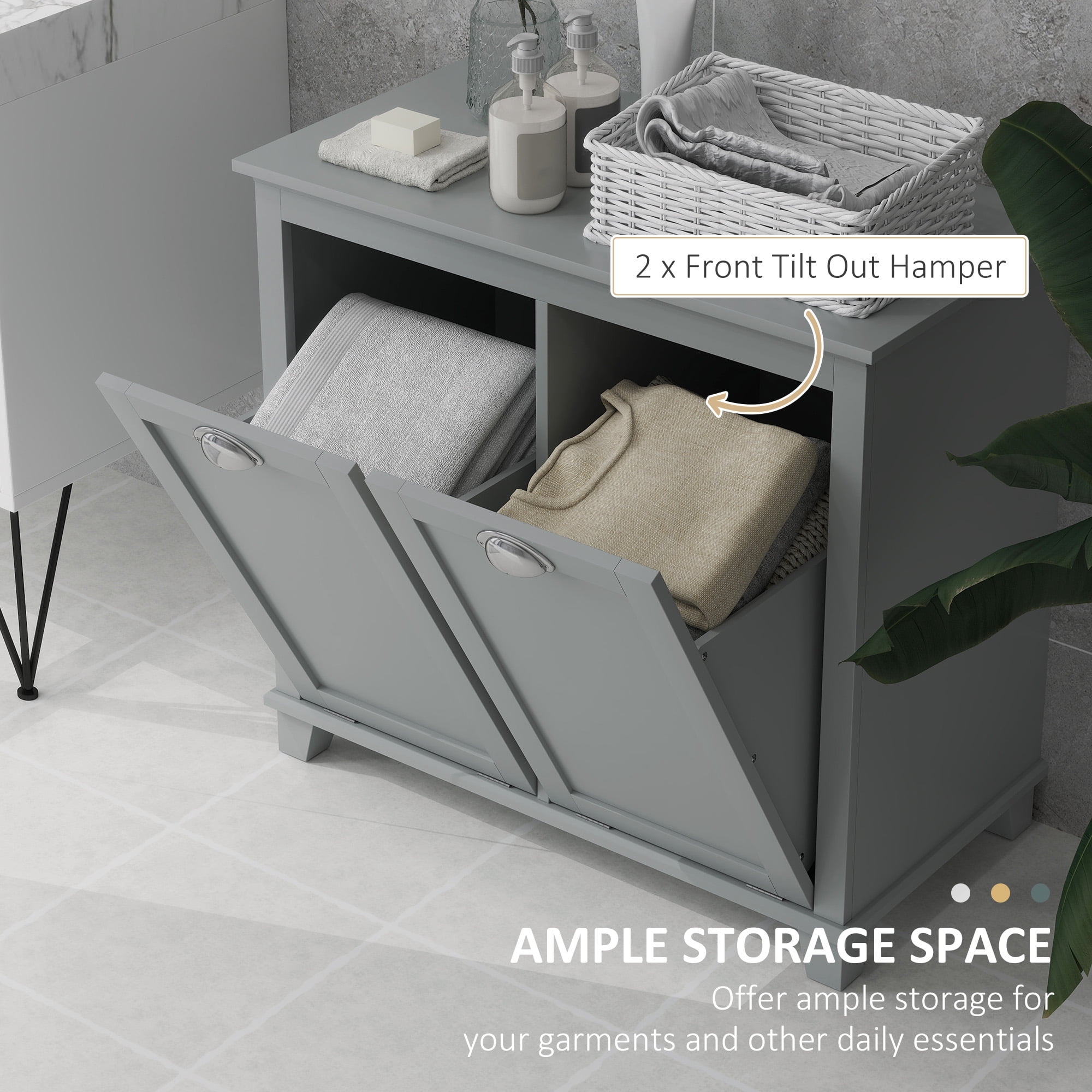 HOMCOM Tilt-Out Laundry Sorter Cabinet, Bathroom Storage Organizer with Two-Compartment Tilt-Out Hamper, Gray