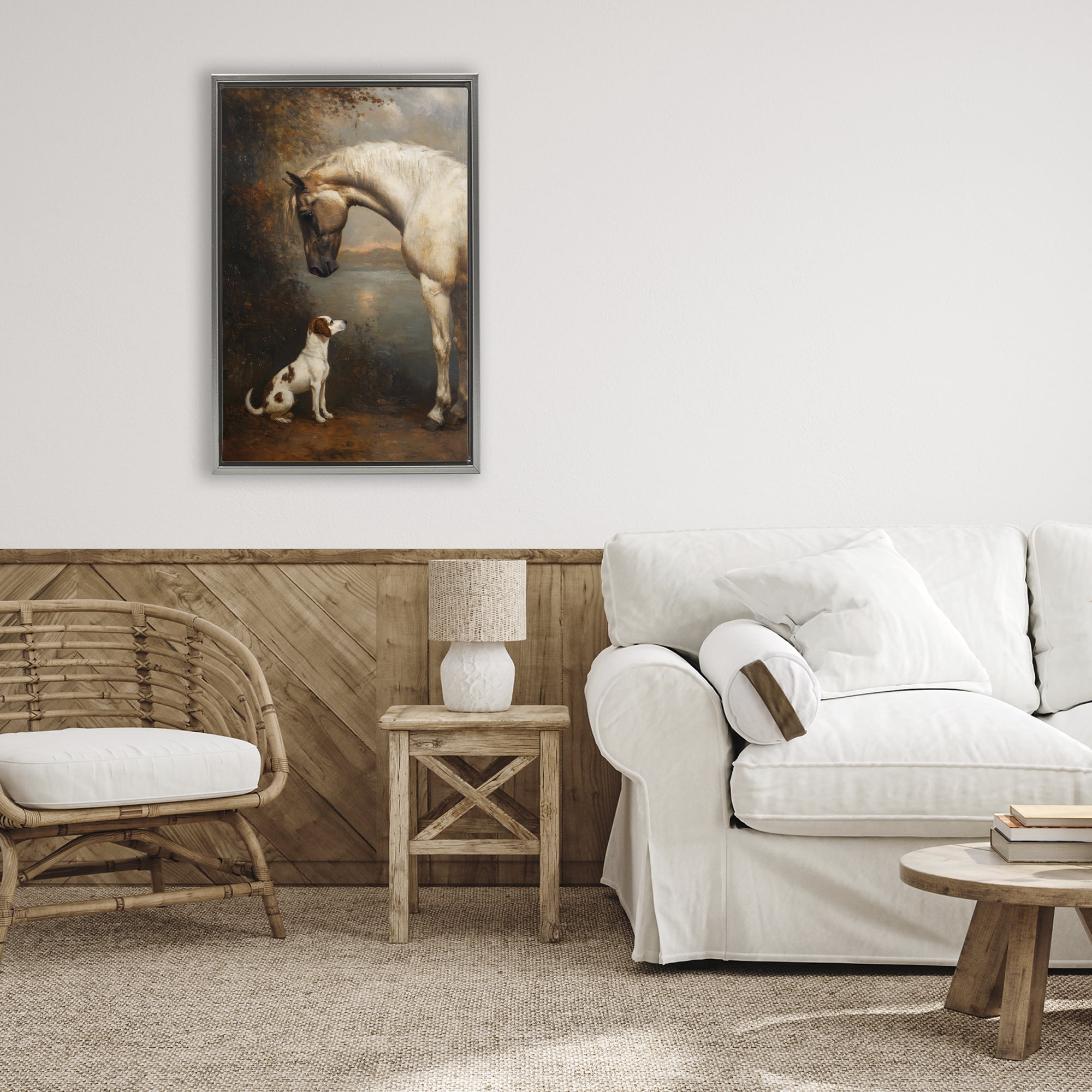 Stupell Industries Hound & Horse Vintage View Gray Framed Floater Canvas Wall Art, design by Petal Prints Design