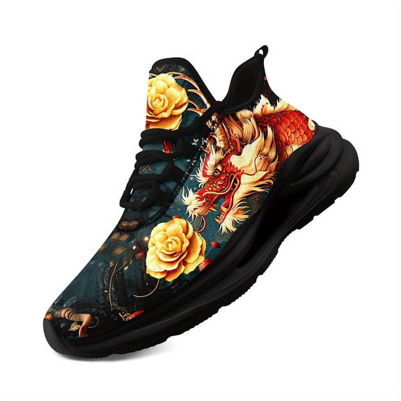 Coolcustomize Black/Gold/Red Dragon Design Print Sneakers for Women Low-Top Sport Shoes with Midsole Suspension Technology, Lightweight Trainers Suitable for Running, Walking, Gym, Casual Streetwear