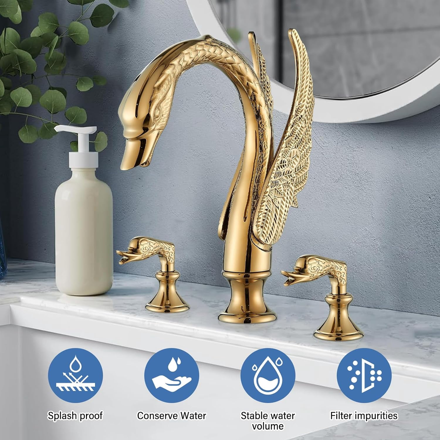Gold Swan Bathroom Sink Faucet 3 Holes Dual Handle Basin Mixer Taps Deck Mounted