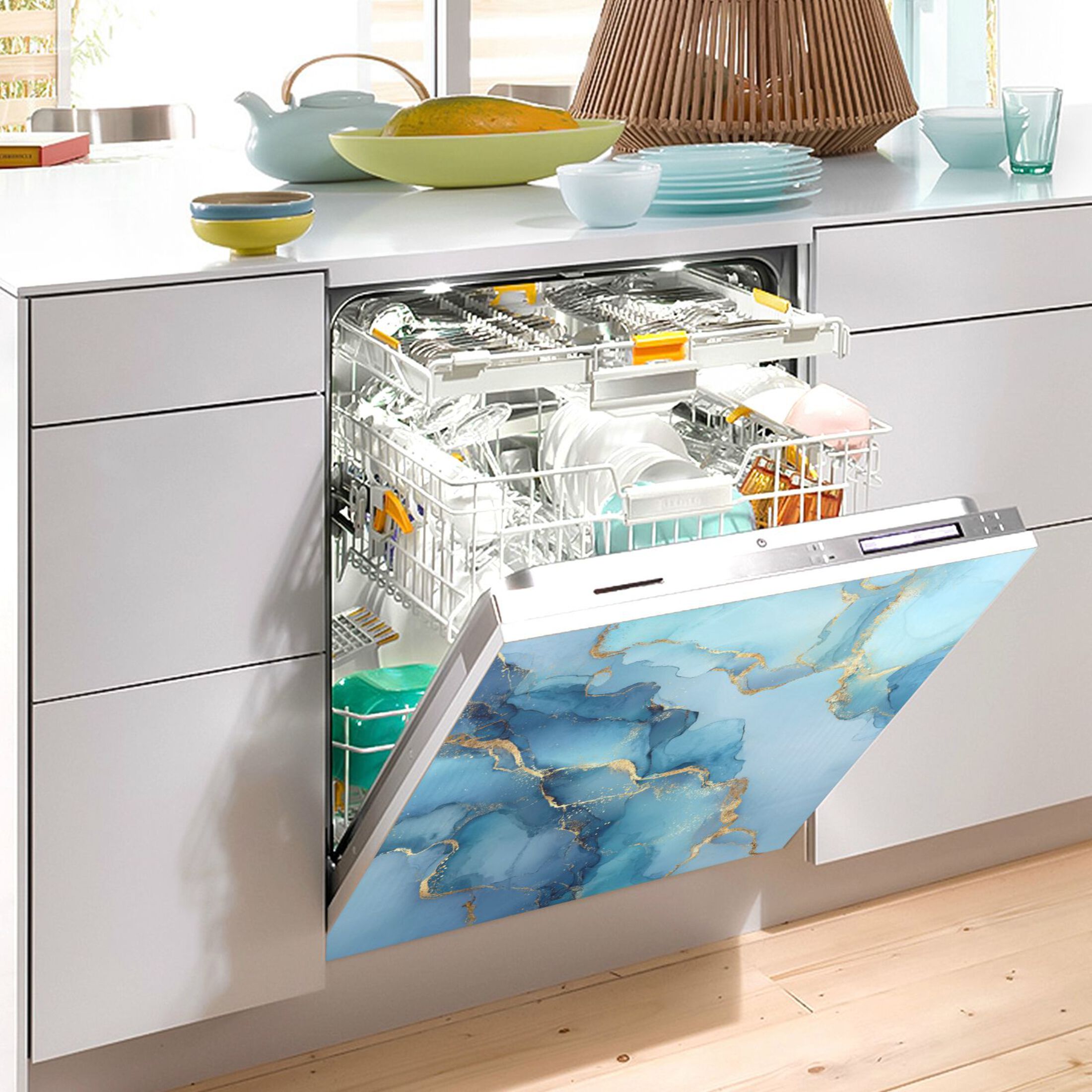 Dishwasher Magnetic Refrigerator Magnet Cover Sticker Home Decorative 23"x26" Light Blue Gold Marble Pattern
