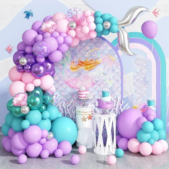 WODJR 87 Pcs Mermaid Balloon Garland Arch Kit Mermaid Party Decorations Purple Pink Blue Balloon Arch Mermaid Tail Balloons Shell Balloons Mermaid Birthday Decorations Under The Sea Party Decorations