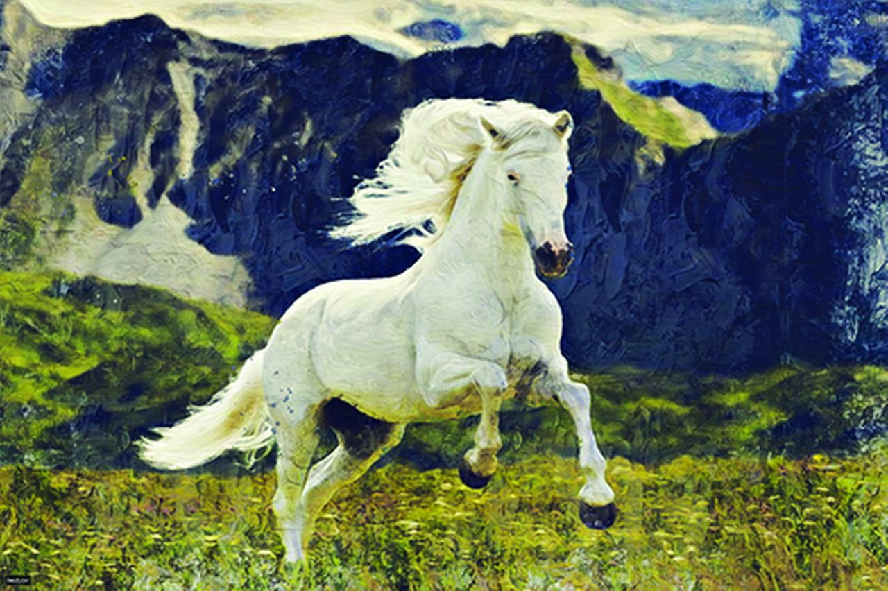 White Horse Meadow Grass Mountains Palette Knife Painting Style Home