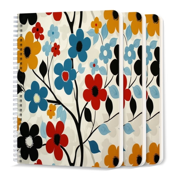 Spiral Journal Notebook,50 Sheets A5 College Ruled Notebook/Journal 3 Pcs for School Office Home - Groovy Floral Pattern on White Background
