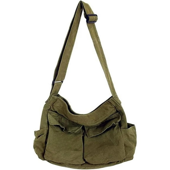 Omlopp Canvas Messenger Bag Large Hobo Crossbody Bags with Multiple Pockets,School Vintage Shoulder Laptop Bag for Women and Men-Army Green
