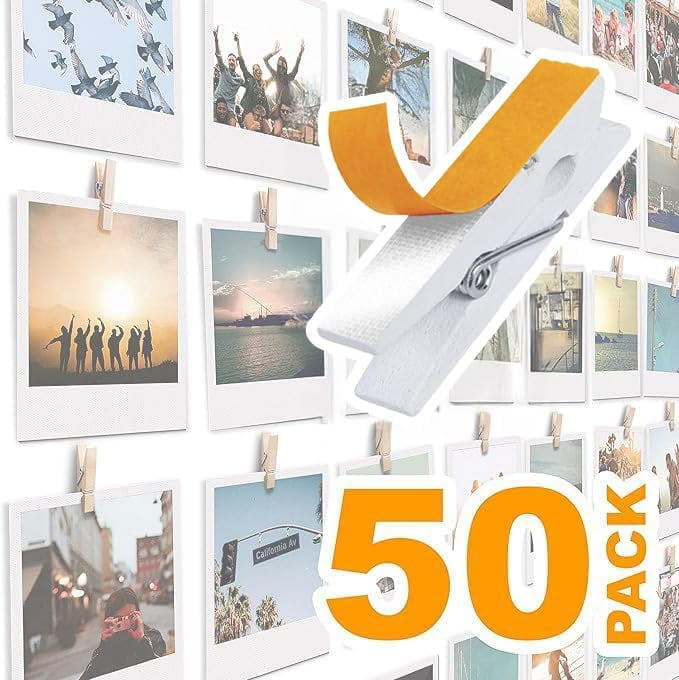 RGHJAR-50 Pack Mini Self Adhesive Clips for Pictures - White Wood Clip Photo Holders for Wall, Poster Hanger, Photo Cards Hanging Display Board & Picture Boards, Artwork Photos Holders Card Room Deco
