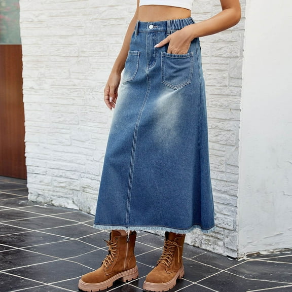 Mqqzkk Women's Denim Long Skirts Spring summer Casual Wear Tassel Hem Skirt Casual Mid Length Skirt With Pockets
