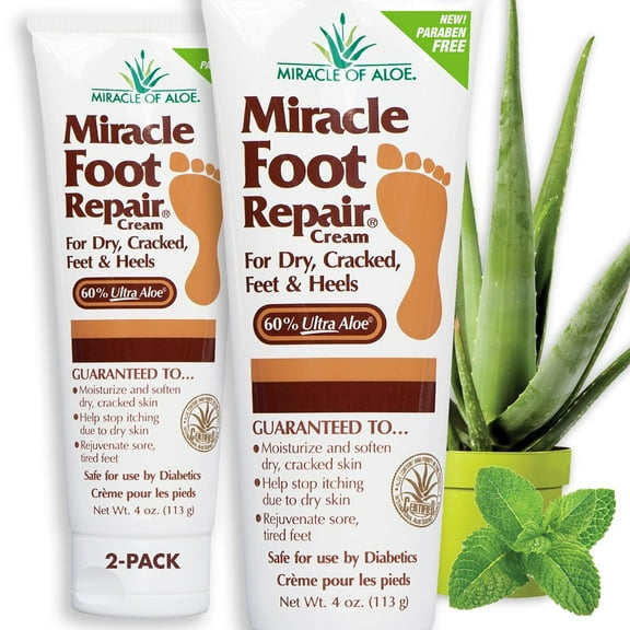 Miracle Foot Repair Cream, 4 oz Repairs Dry Cracked Heels and Feet, Diabetic-Safe, 60% Pure Ultra Aloe Moisturizes, Softens, and Repairs, Relief from Discomfort of Ingrown Toenails (2-Pack)