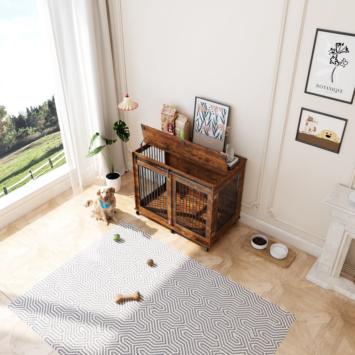 Mulinsonfly 47" Wooden Dog Crate Furniture with Sliding Barn Door, Flip-Top Lid, Lockable Wheels & Removable Divider, Indoor Dog Kennel Table for Small, Medium, Large Breeds
