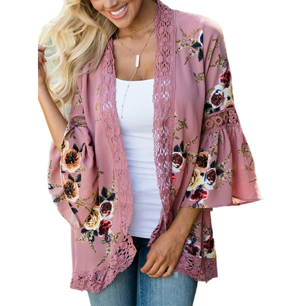 Lumento Women Floral Print Bell Sleeve Kimono Cardigan Loose Cover Up Open  Front Casual Blouse Tops Pink 3XL - Walmart.com