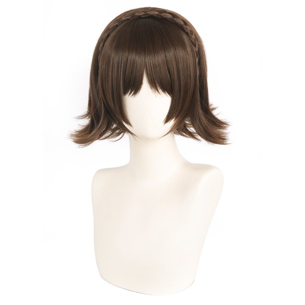 Peluca corta de cosplay marrón con diadema trenzada de 30 cm para adolescentes/adultos