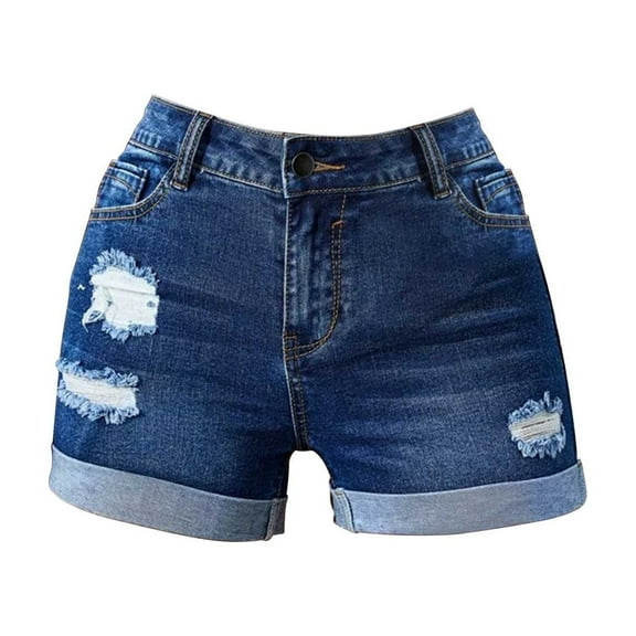 Huesdet Ripped Denim Shorts for Women Button Up Distressed Raw Hem Jean Shorts(Blue,L)