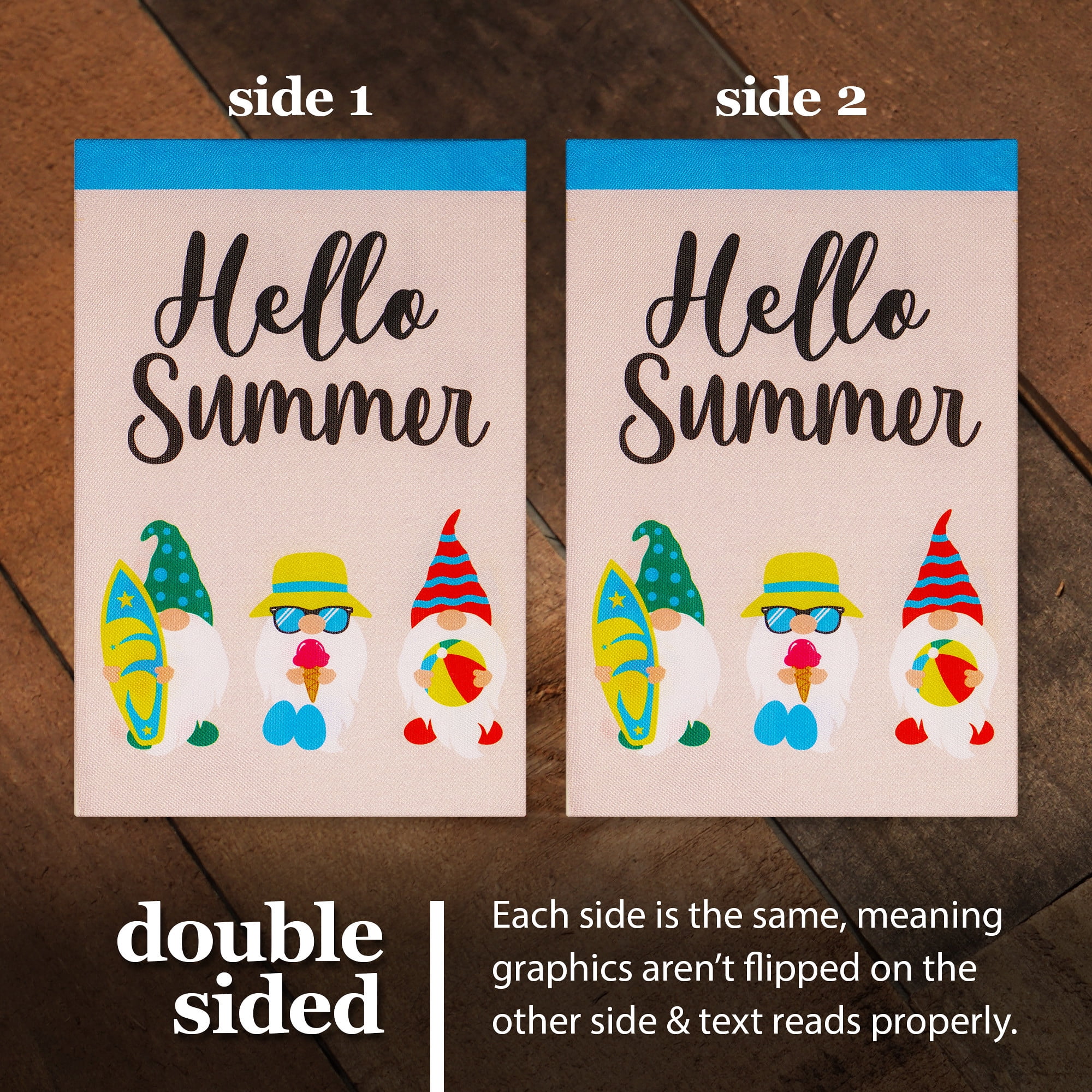 G128 Combo Pack: Garden Flag Stand Black 36 in x 16 in & Garden Flag Hello Summer Decoration Three Beach-Ready Gnomes 12"x18" Double-Sided Burlap Fabric