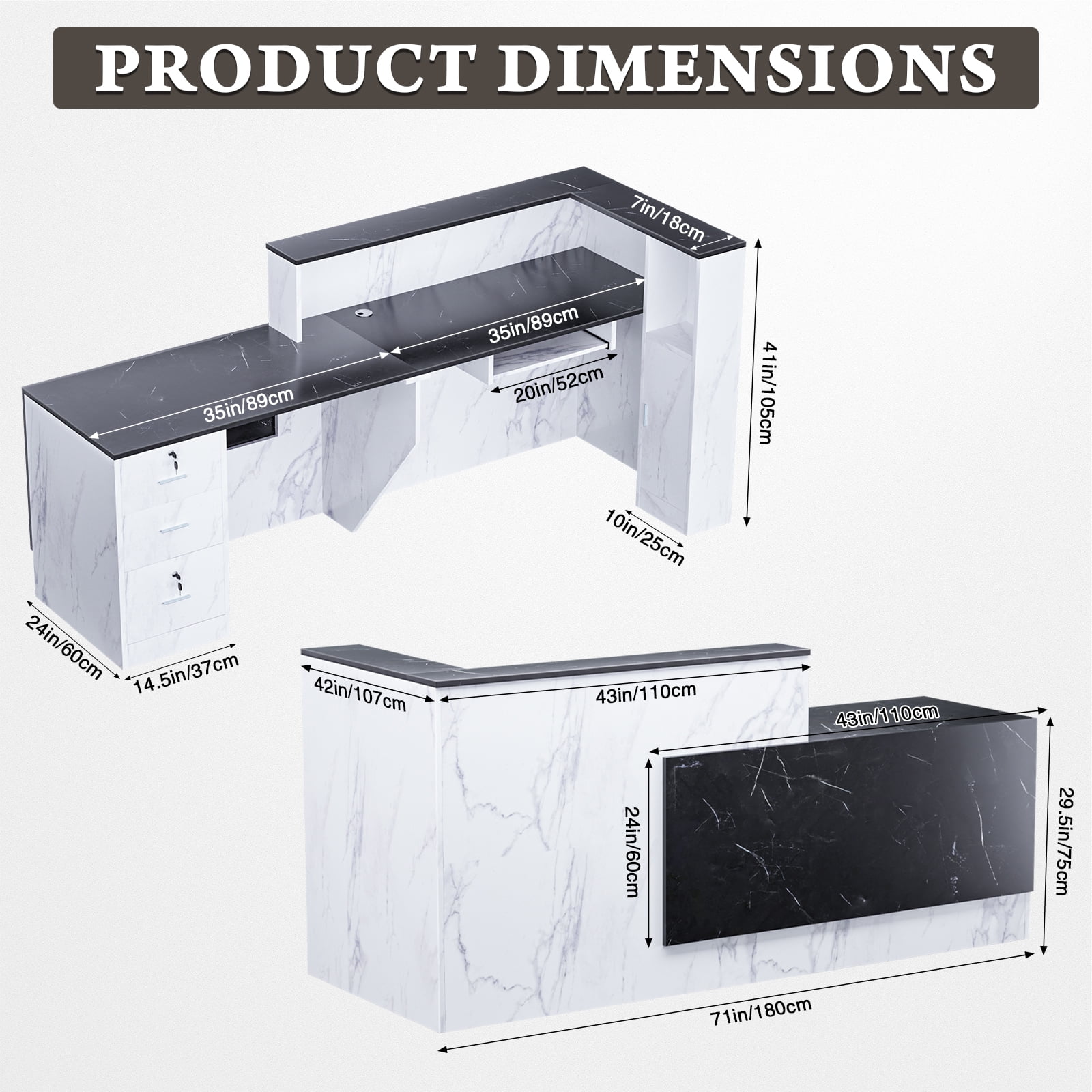 Esheno 71in Reception Desk Wood Front Counter Black White Matte Right Side Cabinet for Office School