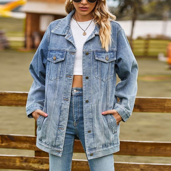 VKOYWKM Womens Oversized Jean Jacket Fall Long Sleeve Jean Outerwear Collared Button Down Denim Jacket Loose Boyfriend Trucker Jacket with Pockets