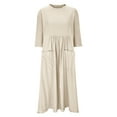 thumbnail image 4 of pstuiky Dresses for Women, Women Solid Color Cotton Linen Dress Long Sleeve Crew Neck Dress Casual Holiday Dress with Pockets Leisure Beige XXXXXL, 4 of 6