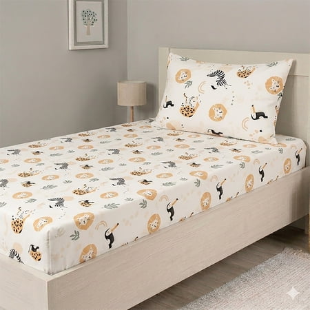 Top Cotton 2 Piece Twin Sheet Set 100% Cotton Sheets with Deep Pockets Kids Twin Fitted Sheet & Pillow Case Breathable & Crisp Percale Weave (Jungle Safari)