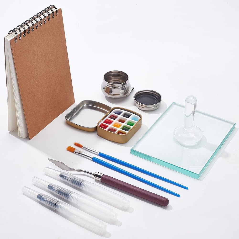 13 Pcs Art Making Tools with Glass Muller Paint Slab Brushes Palette Paint Tin Cases - DIY Sketch Notebook