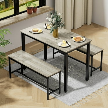 Aukfa 43.3" Dining Table Set for 4, Rectangular Kitchen Table W/ 2 Benches for Small Space,Gray