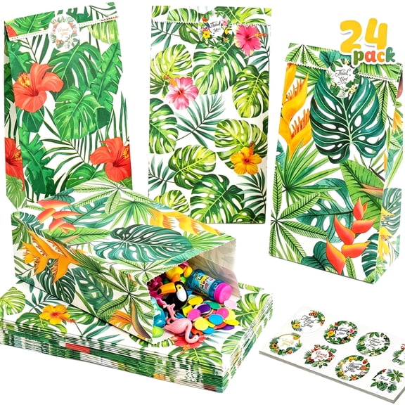 CCOCC Tropical Party Favor Bags with Stickers,24Pcs 3 Designs,Thank You Sealing Stickers,Stand-Up Flat Bottom,8.7X4.7X3.1 Inch,Luau and Beach Parties