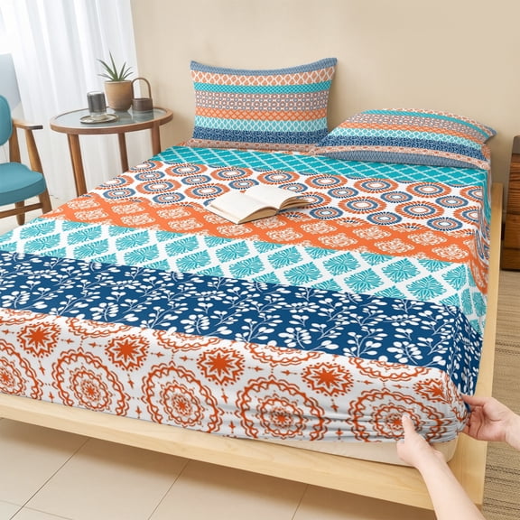 King Size Fitted Sheet Set - Teal Orange Striped 3 Piece Bedding Sets 16" Deep Pocket Fitted Sheet with 2 Pillowcases, Boho Modern Geometric Abstract Art Brushed Microfiber Hotel Luxury Bed Sheets