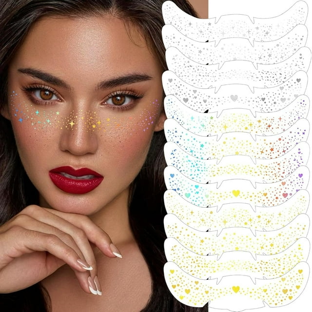 Face Glitter Freckles, Face Glitter Fake Freckles Sticker, Gold Sliver Holographic Multichrome Waterproof Sparkle Freckles Makeup Patches for Women Rave Festival Accessories Party Prom