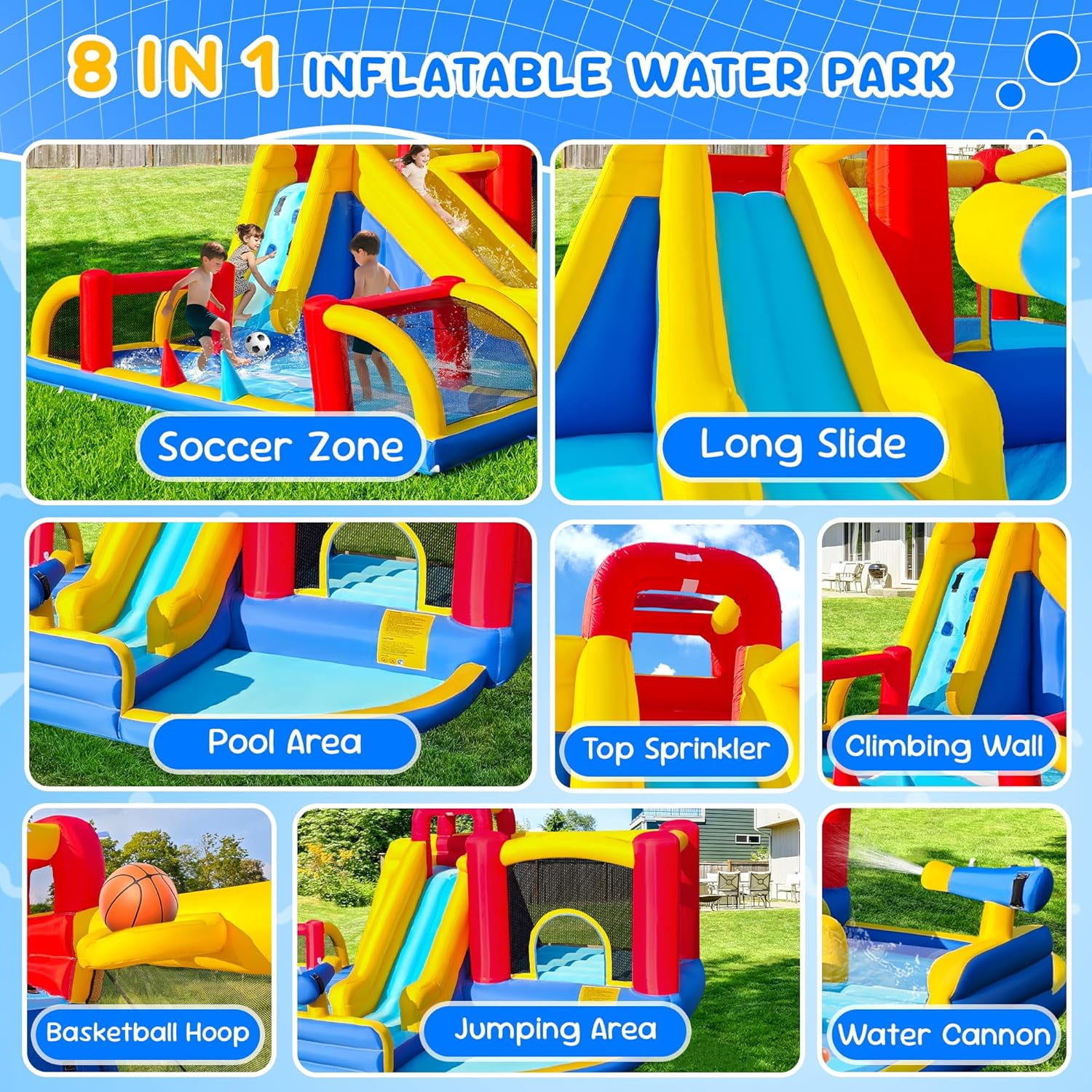 Cuoote Inflatable Water Slide for Kids, 8 in 1 Giant Water Park for Backyard Outdoor with Long Slide, Air Blower, 2 Mins Blow Up